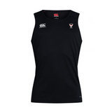 The EMB Canterbury Superior Rugby Club Club Dry Singlet is a sleeveless black athletic shirt with Vapodri Technology and two white chest logos, shown on a plain background—perfect for peak performance.