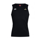 The Chicago Riot Club Dry Singlet by EMB Canterbury is a sleeveless black athletic tank with Vapodri Technology, featuring the Canterbury logo left chest and University of Southern Queensland emblem right chest for performance and style.