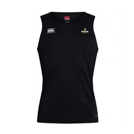 The Chicago Riot Club Dry Singlet by EMB Canterbury is a sleeveless black athletic tank with Vapodri Technology, featuring the Canterbury logo left chest and University of Southern Queensland emblem right chest for performance and style.