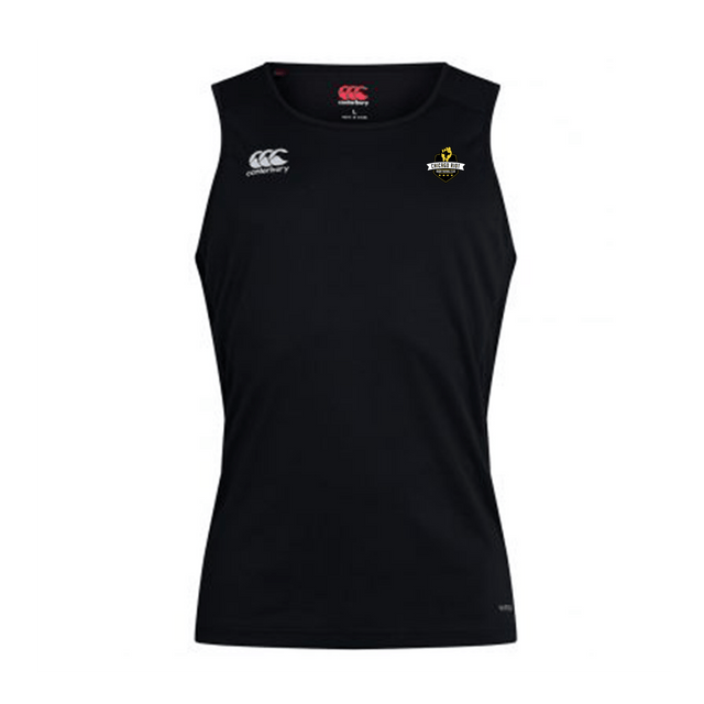 The Chicago Riot Club Dry Singlet by EMB Canterbury is a sleeveless black athletic tank with Vapodri Technology, featuring the Canterbury logo left chest and University of Southern Queensland emblem right chest for performance and style.
