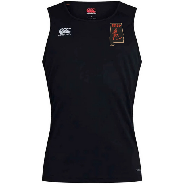 Black Aging Alabama Rugby Players Club Dry Singlet by Canterbury featuring an Alabama state silhouette logo with a graphic of a person in a hat and the letters “FARP”.