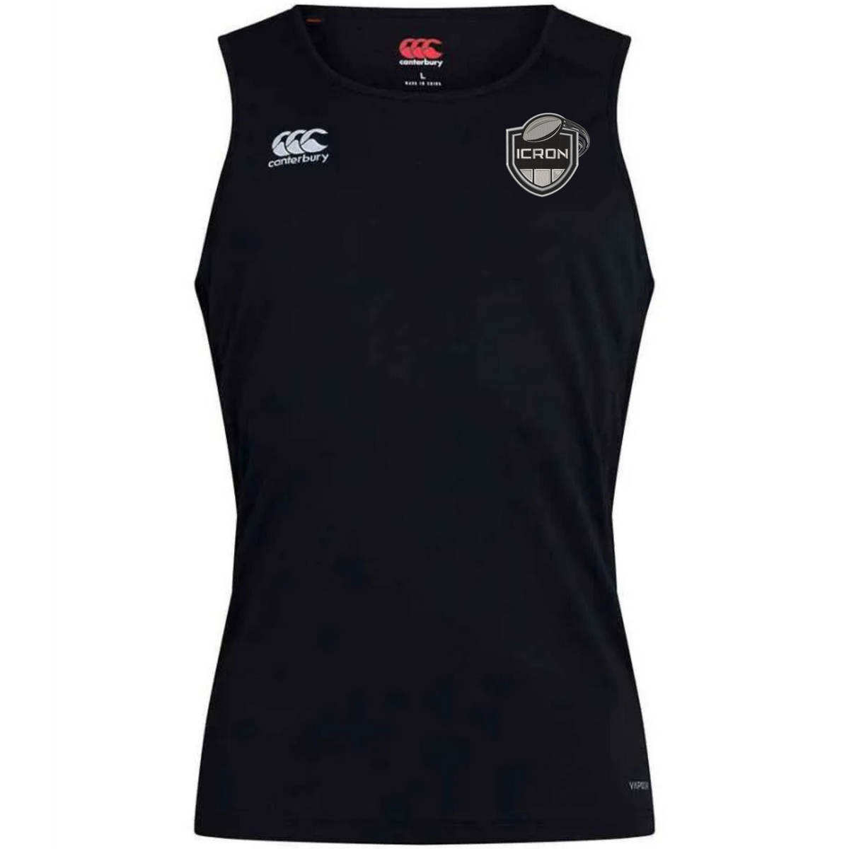Black ICRON Club Dry Singlet by Canterbury athletic singlet with a team crest on the chest.