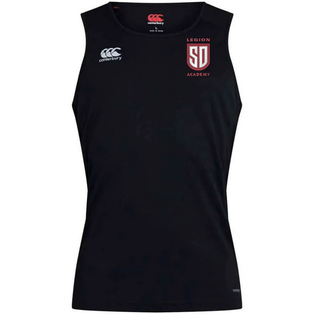 Black Legion Academy Club Dry Singlet by Canterbury with a white logo on the right chest and a red and white “Legion Academy” crest on the left chest.