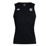 The SWFL Lady Hammerheads Club Dry Singlet by WRS Canterbury is a sleeveless black top with Vapodri Technology, a white Canterbury logo, and a multicolored club crest—ideal for athletes seeking comfort and style.