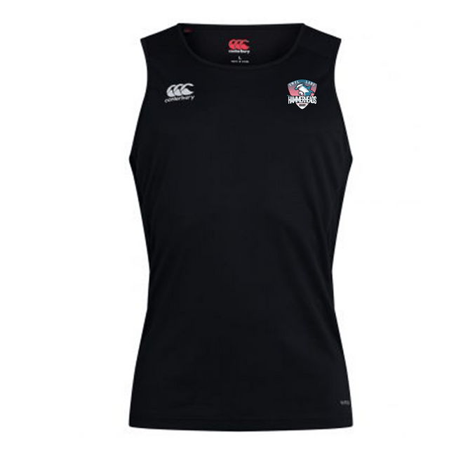 The SWFL Lady Hammerheads Club Dry Singlet by WRS Canterbury is a sleeveless black top with Vapodri Technology, a white Canterbury logo, and a multicolored club crest—ideal for athletes seeking comfort and style.