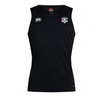 The SWFL Lady Hammerheads Club Dry Singlet by WRS Canterbury is a sleeveless black top with Vapodri Technology, a white Canterbury logo, and a multicolored club crest—ideal for athletes seeking comfort and style.