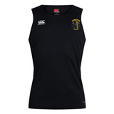 The Spartan Youth Rugby Club Dry Singlet by EMB Canterbury is sleeveless and black with Vapodri Technology, featuring a white Canterbury logo on the right chest and a yellow Spartan Athletics logo on the left. Ideal for athletic gear fans.