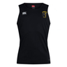 The Spartan Youth Rugby Club Dry Singlet by EMB Canterbury is sleeveless and black with Vapodri Technology, featuring a white Canterbury logo on the right chest and a yellow Spartan Athletics logo on the left. Ideal for athletic gear fans.