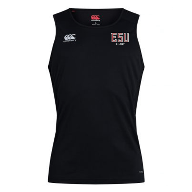 EMB Canterbury East Stroudsburg University Club Dry Singlet features a sleeveless black design with “ESU Rugby” and logo on the chest, plus Vapodri Technology for top training performance.