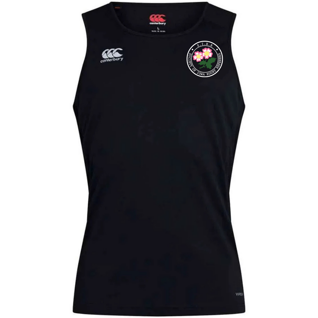 Sleeveless black athletic shirt crafted with Vapodri Technology, featuring the EMB Canterbury logo on the right chest and a round floral emblem with pink flowers on the left chest. The Society of Iowa Rugby Referees Club Dry Singlet by Canterbury is a premium choice for those seeking high-quality athletic gear that combines comfort and style.