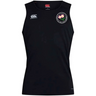 Sleeveless black athletic shirt crafted with Vapodri Technology, featuring the EMB Canterbury logo on the right chest and a round floral emblem with pink flowers on the left chest. The Society of Iowa Rugby Referees Club Dry Singlet by Canterbury is a premium choice for those seeking high-quality athletic gear that combines comfort and style.