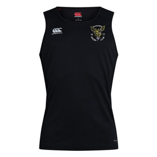 Experience ultimate performance in the Hornets Rugby Club 1977 Club Dry Singlet by Canterbury. This sleek black, sleeveless athletic jersey is made with high-performance Vapodri Technology for maximum comfort. It features a white EMB Canterbury logo on the right chest and an embroidered yellow and black badge on the left reading "Hornets Rugby Club 1977." Elevate your athletic wardrobe with this essential piece of gear.