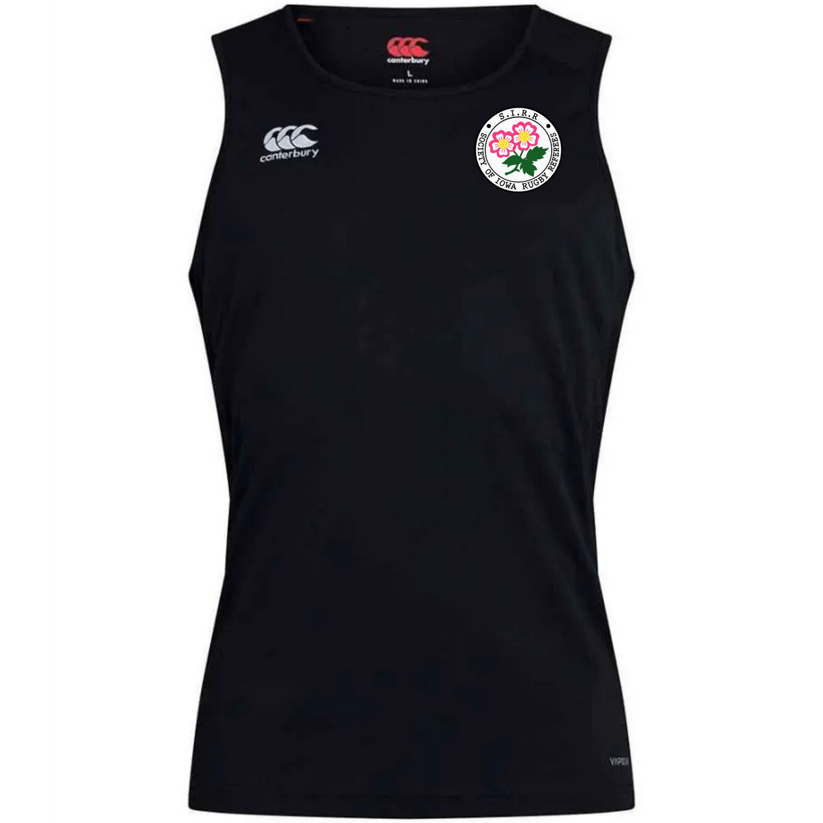 The Society of Iowa Rugby Referees Club Dry Singlet by EMB Canterbury is a sleeveless black athletic jersey featuring the Canterbury logo and a circular chest emblem adorned with pink flowers and green leaves, crafted with advanced Vapodri Technology to deliver superior athletic performance.