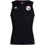 The Society of Iowa Rugby Referees Club Dry Singlet by EMB Canterbury is a sleeveless black athletic jersey featuring the Canterbury logo and a circular chest emblem adorned with pink flowers and green leaves, crafted with advanced Vapodri Technology to deliver superior athletic performance.
