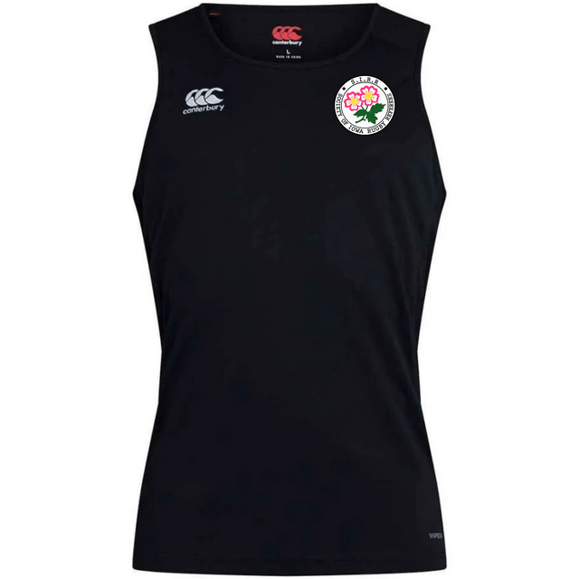 The Society of Iowa Rugby Referees Club Dry Singlet by EMB Canterbury is a sleeveless black athletic jersey featuring the Canterbury logo and a circular chest emblem adorned with pink flowers and green leaves, crafted with advanced Vapodri Technology to deliver superior athletic performance.