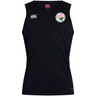 The Society of Iowa Rugby Referees Club Dry Singlet by EMB Canterbury is a sleeveless black athletic jersey featuring the Canterbury logo and a circular chest emblem adorned with pink flowers and green leaves, crafted with advanced Vapodri Technology to deliver superior athletic performance.