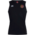 The Godzilla Rugby Football Club Club Dry Singlet by EMB Canterbury is a sleeveless black athletic shirt featuring Vapodri Technology for superior moisture management, with a white Canterbury logo on the right chest and a red and yellow gorilla emblem on the left chest—a standout piece of athletic gear from the renowned Canterbury collection.