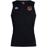 The Godzilla Rugby Football Club Club Dry Singlet by EMB Canterbury is a sleeveless black athletic shirt featuring Vapodri Technology for superior moisture management, with a white Canterbury logo on the right chest and a red and yellow gorilla emblem on the left chest—a standout piece of athletic gear from the renowned Canterbury collection.