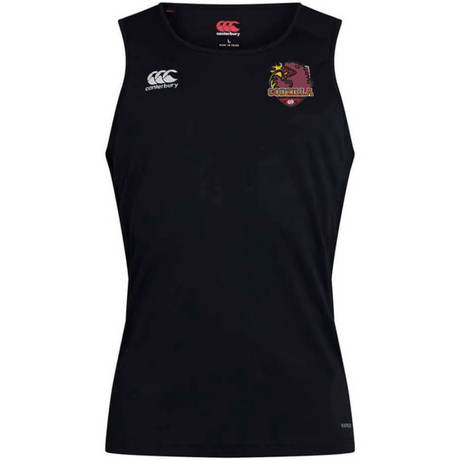 The Godzilla Rugby Football Club Club Dry Singlet by EMB Canterbury is a sleeveless black athletic shirt featuring Vapodri Technology for superior moisture management, with a white Canterbury logo on the right chest and a red and yellow gorilla emblem on the left chest—a standout piece of athletic gear from the renowned Canterbury collection.