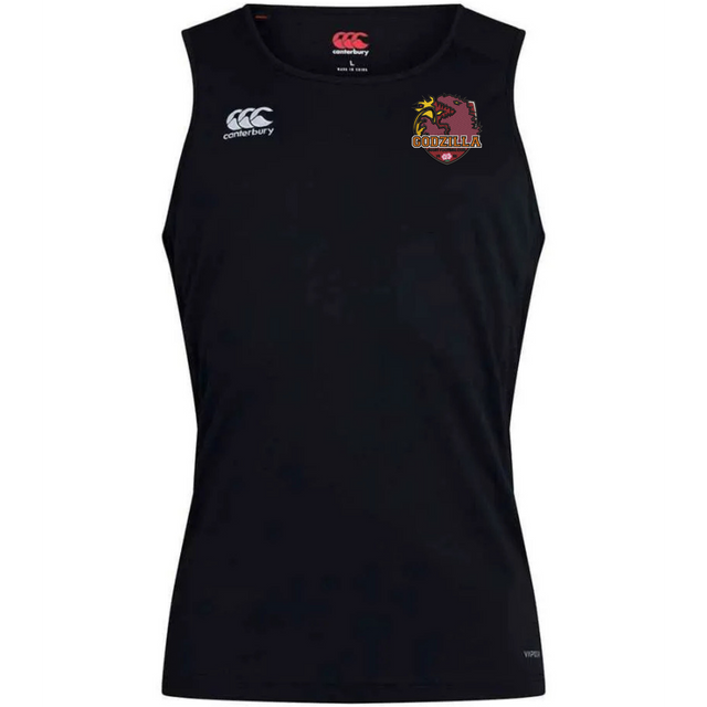 The Godzilla Rugby Football Club Club Dry Singlet by EMB Canterbury is a sleeveless black athletic shirt featuring Vapodri Technology for superior moisture management, with a white Canterbury logo on the right chest and a red and yellow gorilla emblem on the left chest—a standout piece of athletic gear from the renowned Canterbury collection.