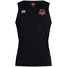 The Godzilla Rugby Football Club Club Dry Singlet by EMB Canterbury is a sleeveless black athletic shirt featuring Vapodri Technology for superior moisture management, with a white Canterbury logo on the right chest and a red and yellow gorilla emblem on the left chest—a standout piece of athletic gear from the renowned Canterbury collection.