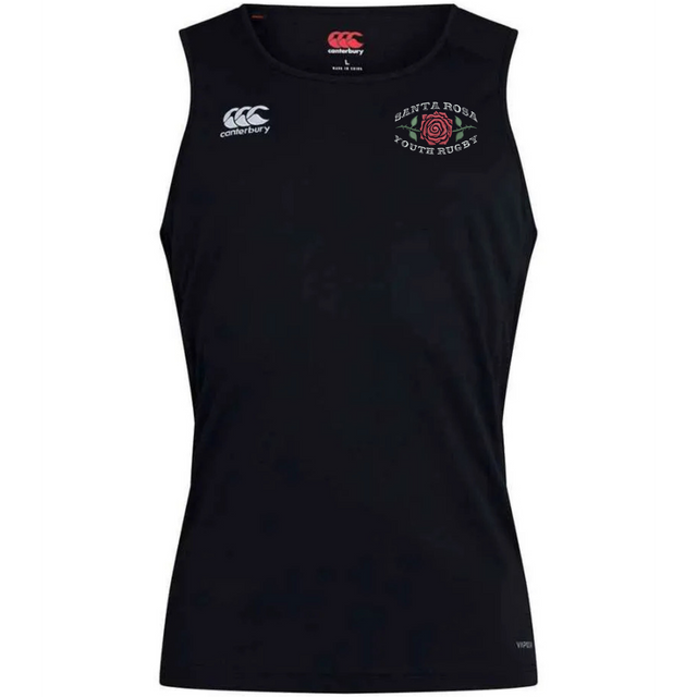 Introducing the Santa Rosa Youth Rugby Club Dry Singlet by EMB Canterbury—a black, sleeveless athletic shirt designed with Canterbury’s Club Dry singlet style and enhanced with Vapodri Technology for superior moisture management. Featuring the Canterbury logo along with “Santa Rosa Youth Rugby” text and emblem on the left chest, this singlet is ideal athletic gear for dedicated players.
