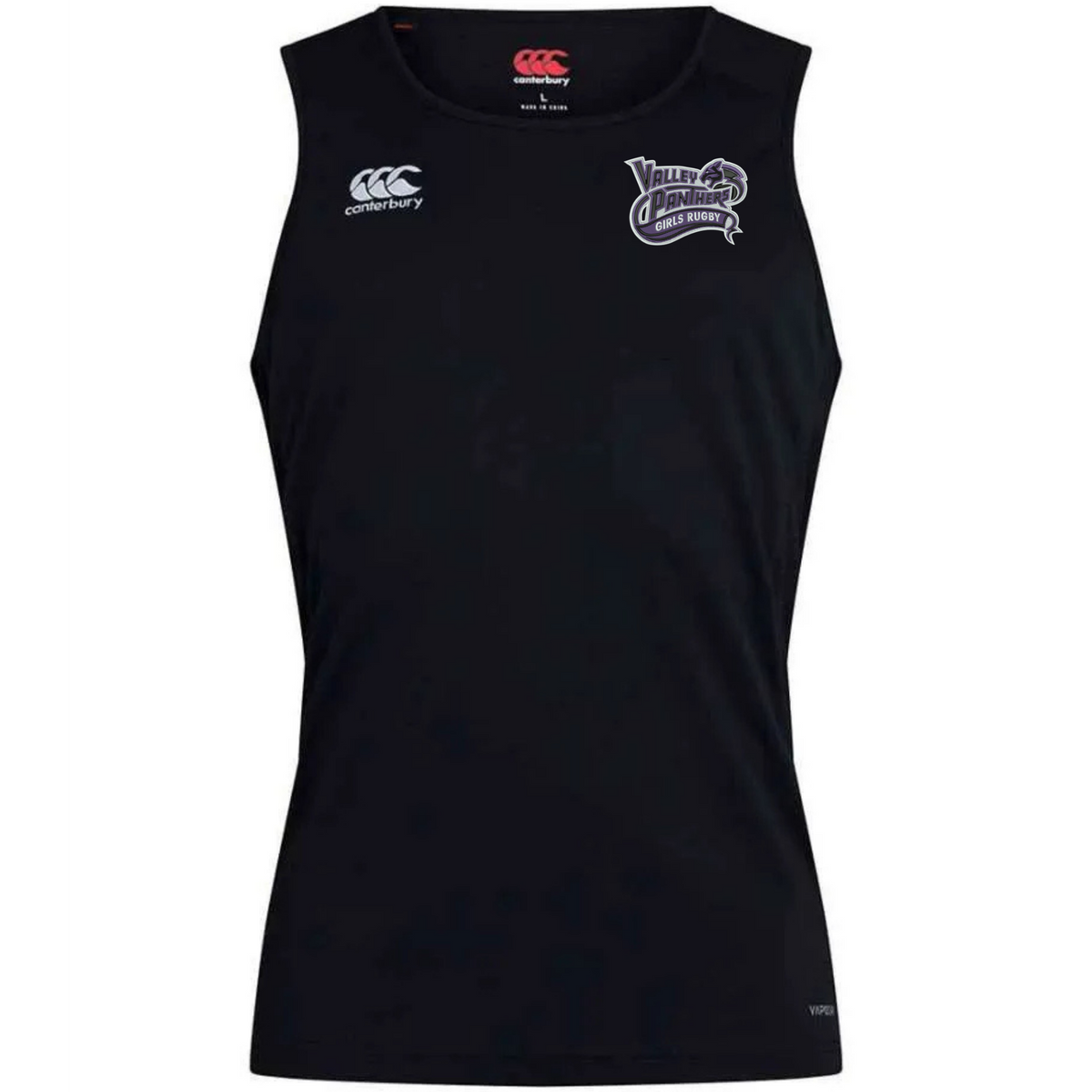 Valley Panthers Girls Rugby Club Dry Singlet by Canterbury—this sleeveless black singlet from EMB Canterbury features advanced Vapodri Technology for superior moisture management, a white Canterbury logo on the right chest, and the Valley Panthers Rugby Club logo on the left chest, making it perfect athletic gear for serious players.