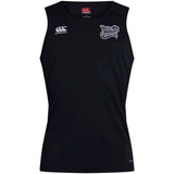 Valley Panthers Girls Rugby Club Dry Singlet by Canterbury—this sleeveless black singlet from EMB Canterbury features advanced Vapodri Technology for superior moisture management, a white Canterbury logo on the right chest, and the Valley Panthers Rugby Club logo on the left chest, making it perfect athletic gear for serious players.
