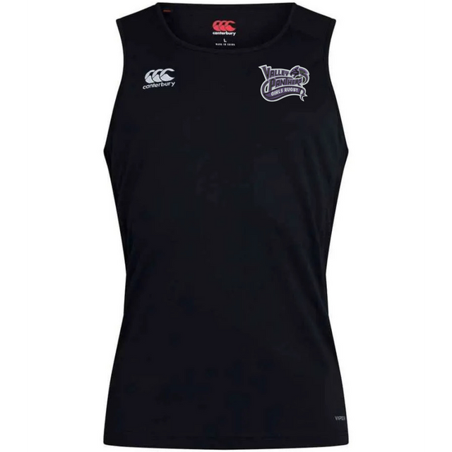 Valley Panthers Girls Rugby Club Dry Singlet by Canterbury—this sleeveless black singlet from EMB Canterbury features advanced Vapodri Technology for superior moisture management, a white Canterbury logo on the right chest, and the Valley Panthers Rugby Club logo on the left chest, making it perfect athletic gear for serious players.