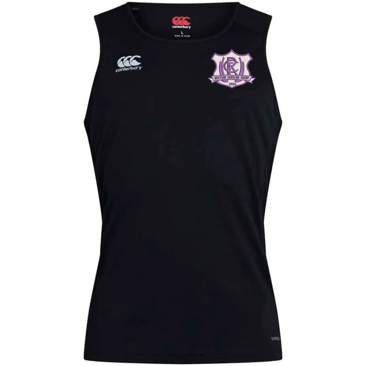 Black Western Carolina University Club Dry Singlet by Canterbury with a white logo on the right chest and a purple and white Western Carolina Rugby crest on the left chest.