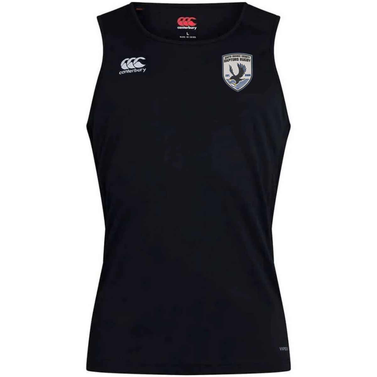 The South Orange County Raptors Club Dry Singlet by EMB Canterbury is a sleeveless black sports jersey featuring the Canterbury logo on the right chest and a crest with a bird and shield on the left chest. Engineered for performance, this singlet incorporates Vapodri Technology to keep you cool and comfortable during intense training sessions—making it ideal for athletic gear enthusiasts.