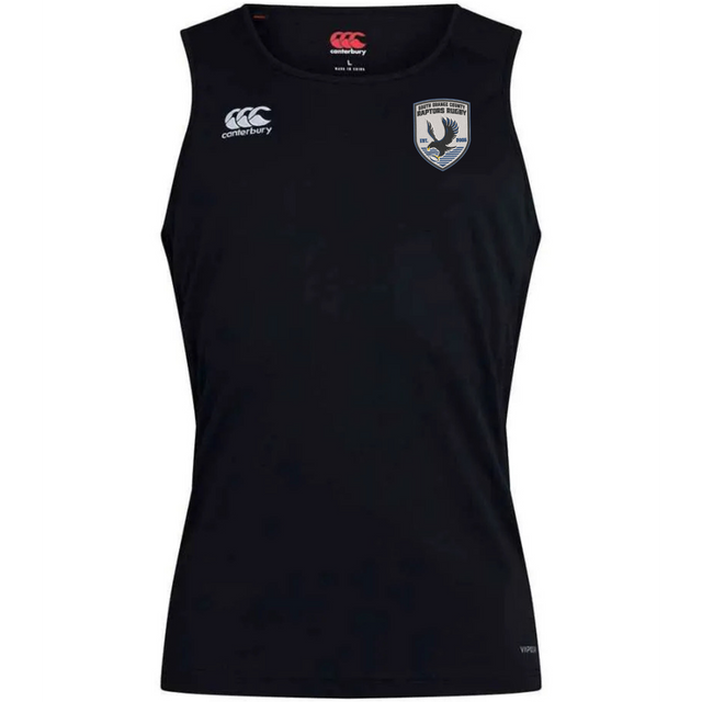 The South Orange County Raptors Club Dry Singlet by EMB Canterbury is a sleeveless black sports jersey featuring the Canterbury logo on the right chest and a crest with a bird and shield on the left chest. Engineered for performance, this singlet incorporates Vapodri Technology to keep you cool and comfortable during intense training sessions—making it ideal for athletic gear enthusiasts.