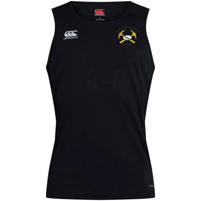 Black Mother Lode Club Dry Singlet by Canterbury featuring a logo on the left chest with the text “Mother Lode Rugby” centered around two crossed pickaxes and a rugby ball.