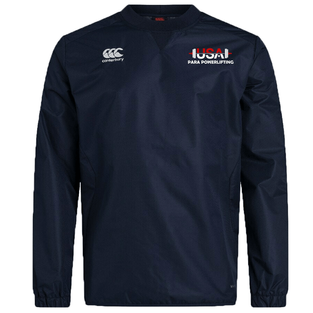 The EMB Canterbury USA Para Powerlifting Club Vaposhield Contact Top is a navy long-sleeve training top with the Canterbury logo on the right chest and the USA Para Powerlifting logo on the left chest.