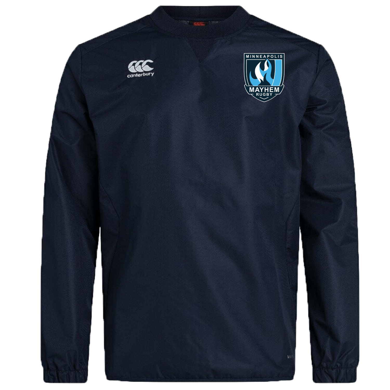 The Minneapolis Mayhem Rugby Club Vaposhield Contact Top by EMB Canterbury is a navy long-sleeve rugby top featuring innovative Vaposhield technology, the Minneapolis Mayhem Rugby logo on the left chest, and the Canterbury logo on the right chest.