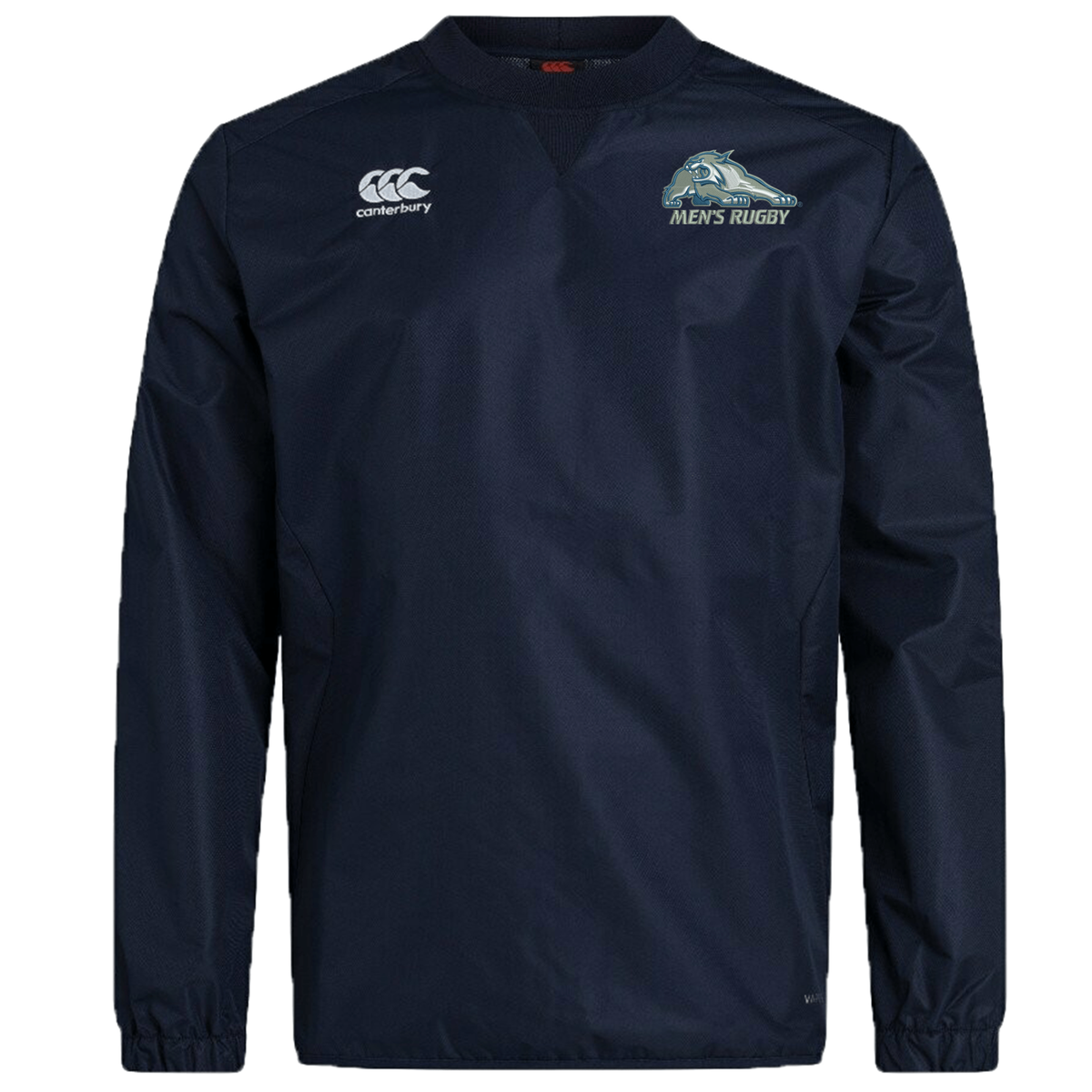 Navy blue long-sleeved University of New Hampshire Club Vaposhield Contact Top by Canterbury featuring a wildcat logo and the words “Men’s Rugby” on the chest.