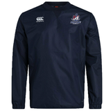 Navy blue long-sleeved SUNY Maritime Men’s Rugby Club Vaposhield Contact Top by Canterbury with a crew neck, featuring an EMB Canterbury logo on the right chest and a club logo on the left.