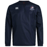 Navy blue long-sleeved SUNY Maritime Men’s Rugby Club Vaposhield Contact Top by Canterbury with a crew neck, featuring an EMB Canterbury logo on the right chest and a club logo on the left.