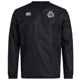 The Missoula All-Maggots Club Vaposhield Contact Top by EMB Canterbury is a black, long-sleeve sports top featuring a white Canterbury logo on the left chest and a circular club emblem on the right. Designed with Vaposhield technology, this rugby contact top offers enhanced performance in all weather conditions.