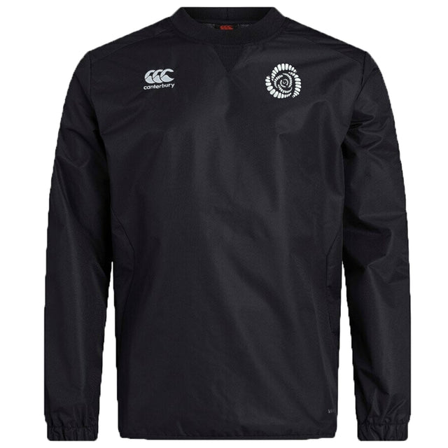 The Missoula All-Maggots Club Vaposhield Contact Top by EMB Canterbury is a black, long-sleeve sports top featuring a white Canterbury logo on the left chest and a circular club emblem on the right. Designed with Vaposhield technology, this rugby contact top offers enhanced performance in all weather conditions.