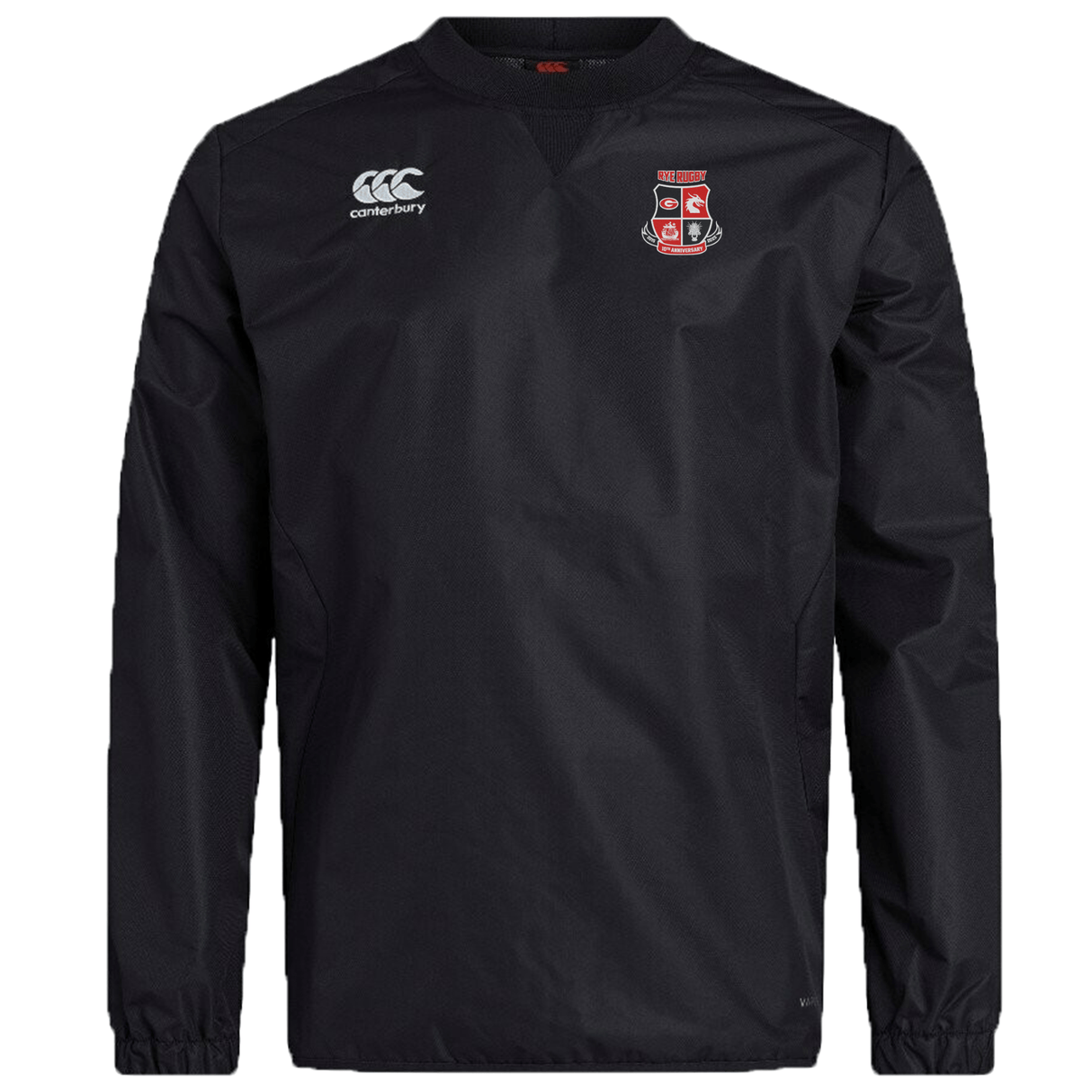 The Rye High School 10 Year Club Vaposhield Contact Top by EMB Canterbury is a black, long-sleeve athletic jacket featuring a crest logo on the chest and the Canterbury logo on the shoulder. Specifically designed as a Rugby Club Top, it includes Vaposhield technology for water-repellent protection.
