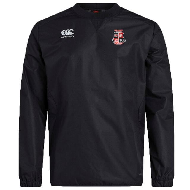 The Rye High School 10 Year Club Vaposhield Contact Top by EMB Canterbury is a black, long-sleeve athletic jacket featuring a crest logo on the chest and the Canterbury logo on the shoulder. Specifically designed as a Rugby Club Top, it includes Vaposhield technology for water-repellent protection.