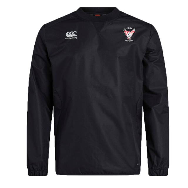 The Superior Rugby Club Vaposhield Contact Top by EMB Canterbury is a black long-sleeve top featuring the Canterbury logo on the right chest and a shield "SALFORD" emblem on the left. Designed with Vaposhield tech for wet weather training.
