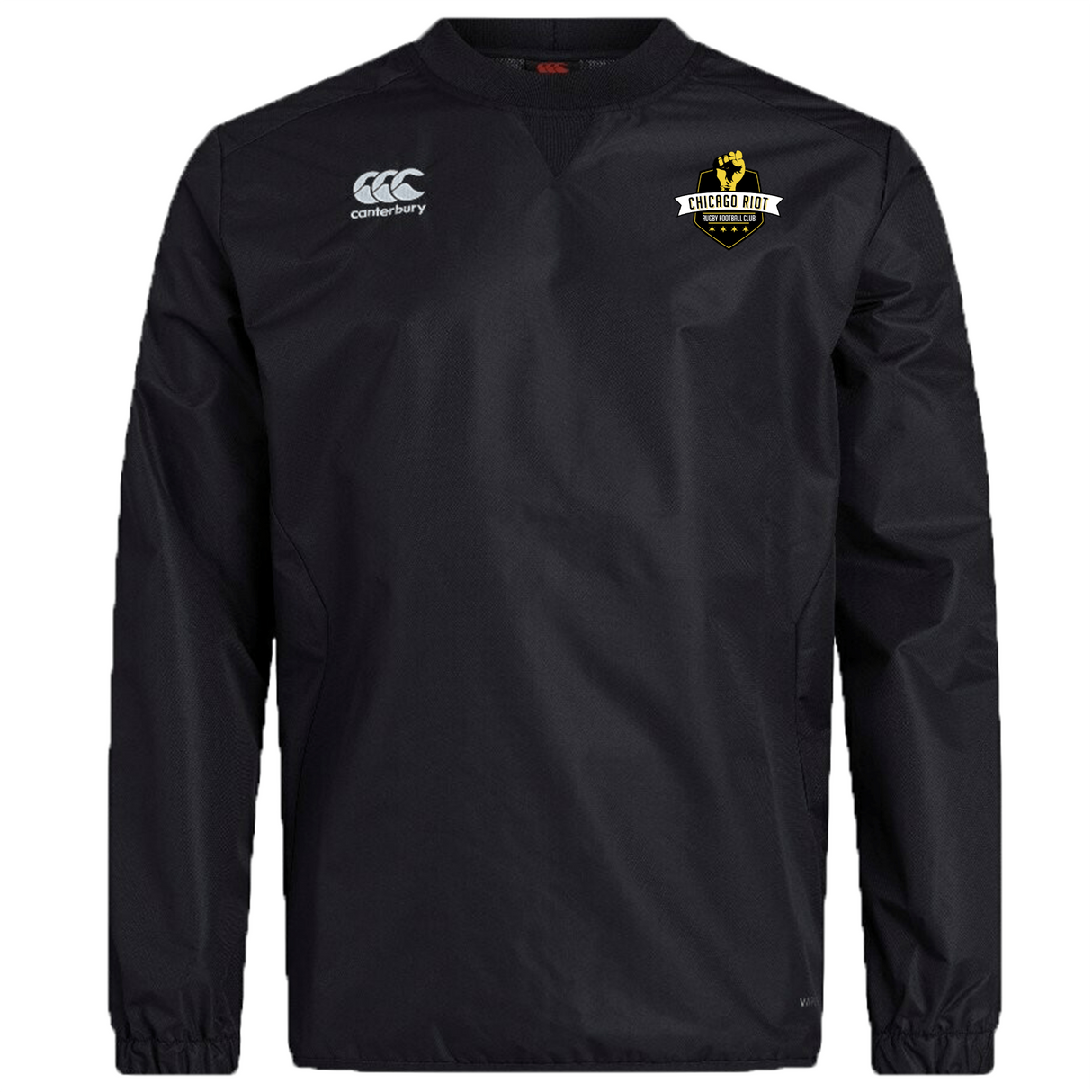 The Chicago Riot Club Vaposhield Contact Top by EMB Canterbury is a black, water-repellent pullover with the club crest and Canterbury logo on the chest—ideal for training or casual wear.