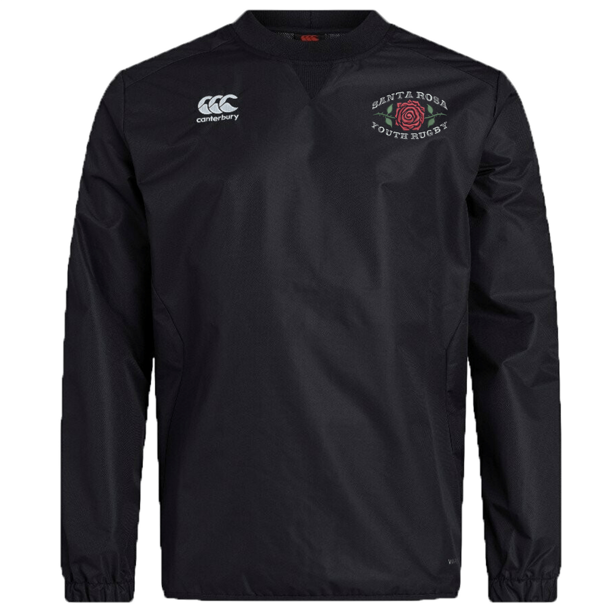 The Santa Rosa Youth Rugby Club Vaposhield Contact Top by EMB Canterbury is a black long-sleeve athletic pullover featuring the Canterbury logo, “Santa Rosa Youth Rugby” text, and a red rose emblem on the left chest. Designed with Vaposhield technology, this custom rugby top delivers enhanced comfort and performance both on and off the field.