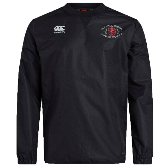 The Santa Rosa Youth Rugby Club Vaposhield Contact Top by EMB Canterbury is a black long-sleeve athletic pullover featuring the Canterbury logo, “Santa Rosa Youth Rugby” text, and a red rose emblem on the left chest. Designed with Vaposhield technology, this custom rugby top delivers enhanced comfort and performance both on and off the field.