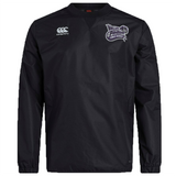 The Valley Panthers Girls Rugby Club Vaposhield Contact Top by EMB Canterbury features a black long-sleeve design with the Canterbury logo on the right chest and the Valley Panthers Girls Rugby emblem on the left chest, crafted from Vaposhield fabric for enhanced water resistance—making it an ideal custom rugby top for training or match day.