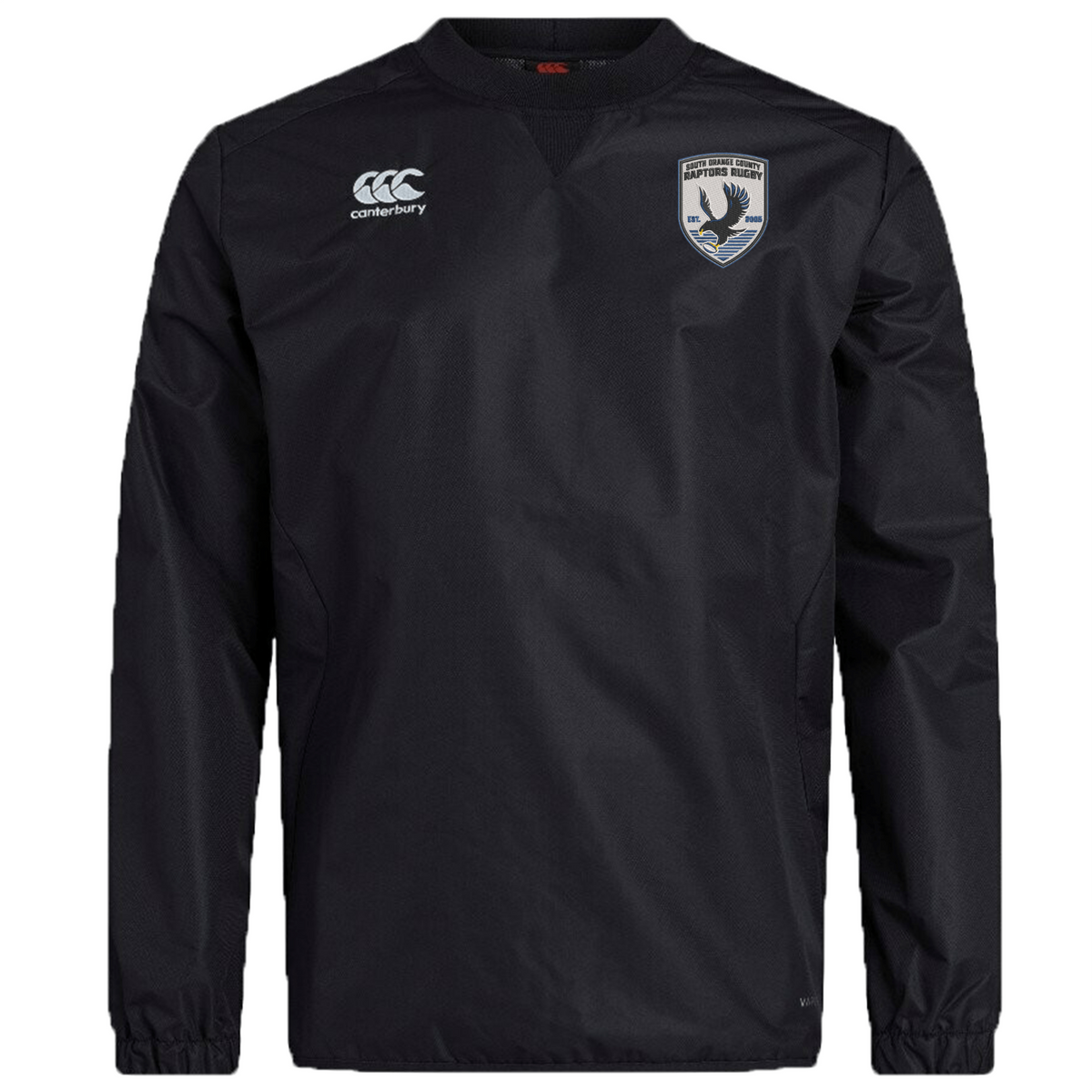 The South Orange County Raptors Club Vaposhield Contact Top by EMB Canterbury is a black, long-sleeve sports jacket featuring a white Canterbury logo on the right chest and a shield emblem with a bird on the left chest. Designed as a water-repellent training top, this contact top is perfect for rugby club sessions in wet weather.