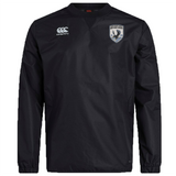 The South Orange County Raptors Club Vaposhield Contact Top by EMB Canterbury is a black, long-sleeve sports jacket featuring a white Canterbury logo on the right chest and a shield emblem with a bird on the left chest. Designed as a water-repellent training top, this contact top is perfect for rugby club sessions in wet weather.