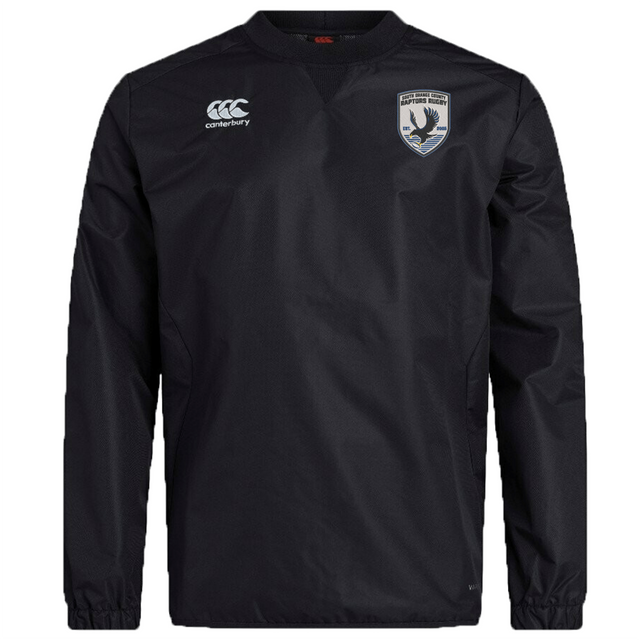 The South Orange County Raptors Club Vaposhield Contact Top by EMB Canterbury is a black, long-sleeve sports jacket featuring a white Canterbury logo on the right chest and a shield emblem with a bird on the left chest. Designed as a water-repellent training top, this contact top is perfect for rugby club sessions in wet weather.